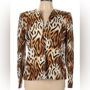 Kasper Animal Print Open Front Silk Blazer - Brown & Cream Size 14P